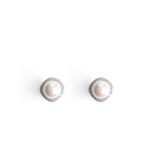 Absolute CZ Cushion Pearl Earrings, Silver