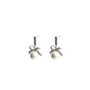 Absolute CZ Bow Pearl Drop Earrings, Silver