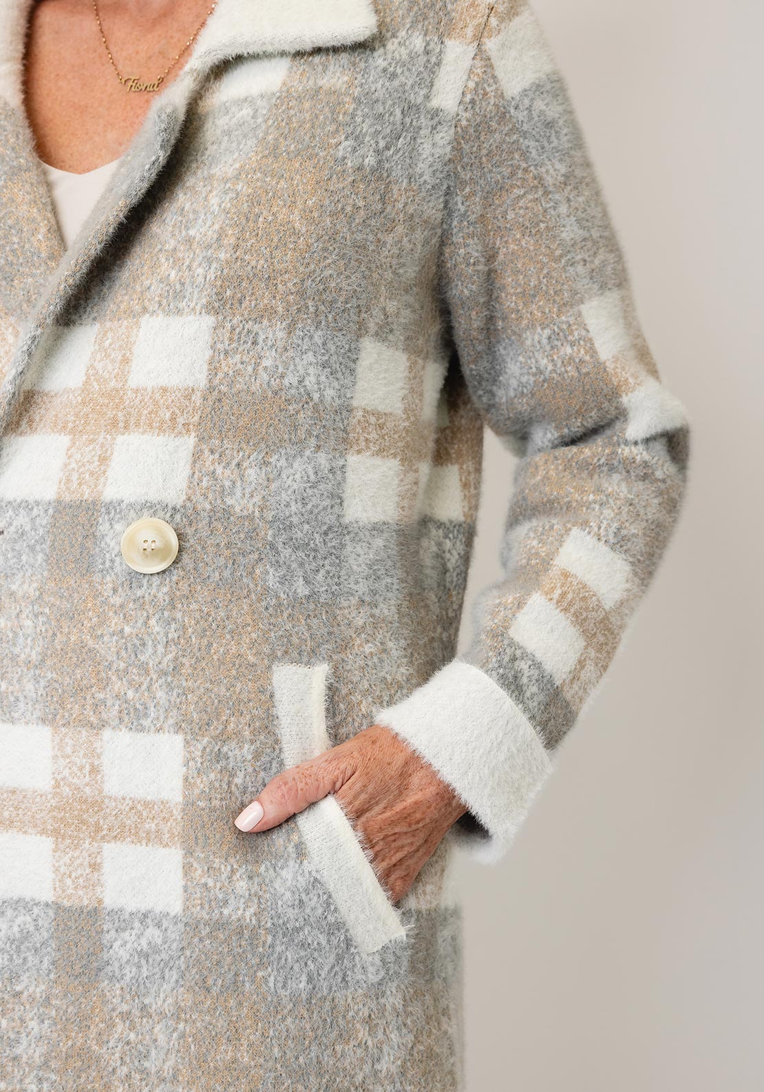Alison Sheri Check Fluffy Knit Long Jacket, Grey