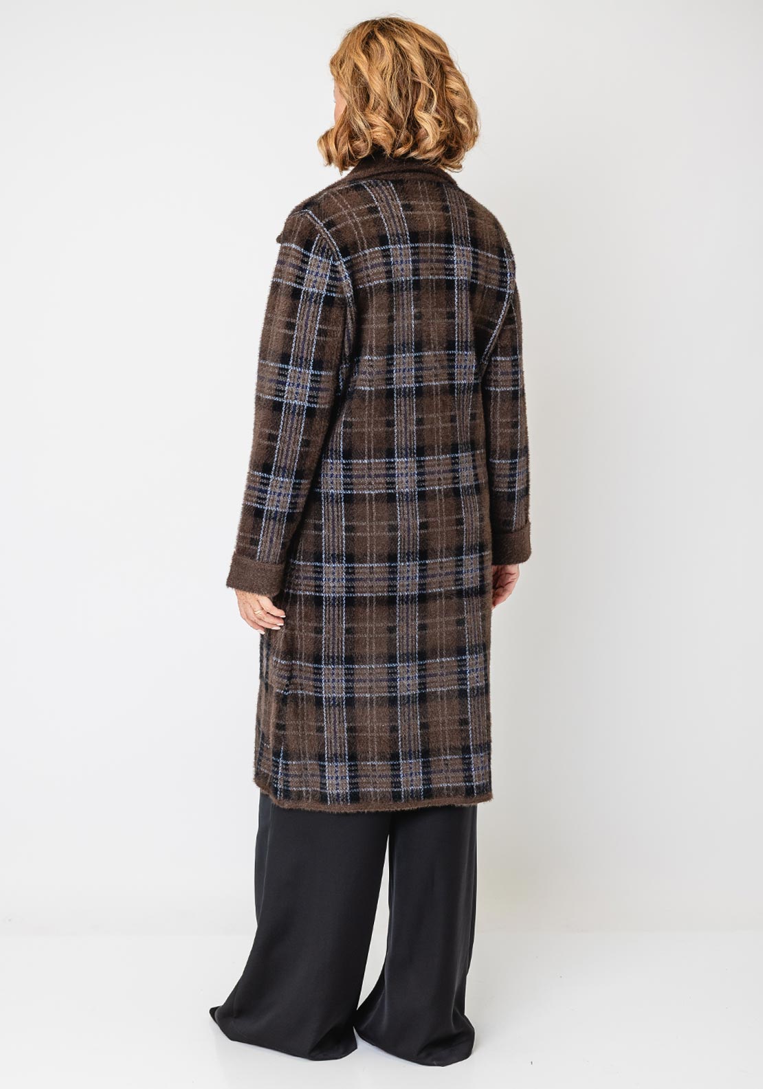 Alison Sheri Check Fluffy Knit Long Coat, Brown