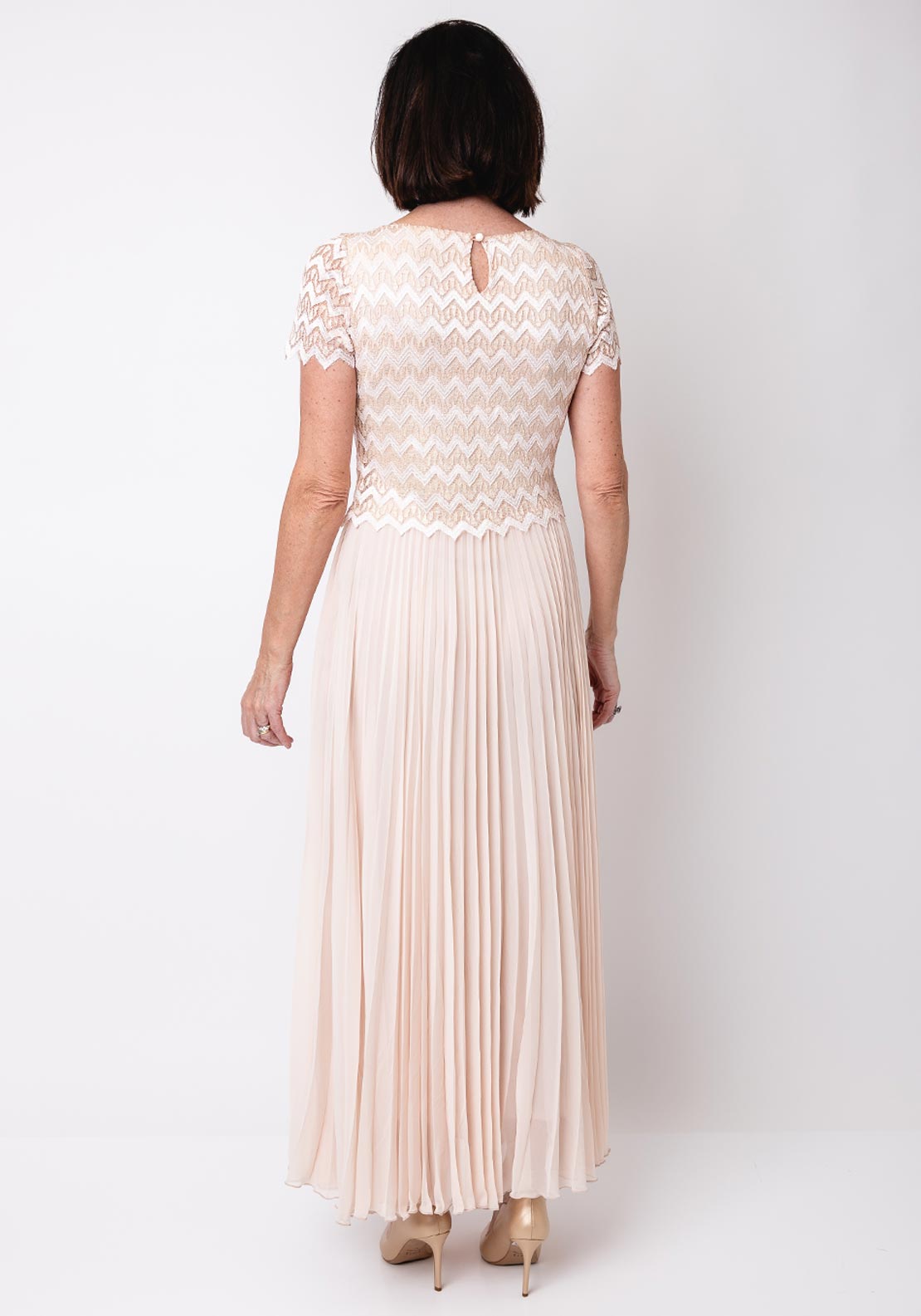 Allison Lace Overlay Pleated Long Dress, Beige - McElhinneys Allison Lace Overlay Pleated Long Dress, Beige - McElhinneys