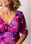Allison Silk Floral V Neck Fit and Flare Dress, Pink and Purple