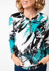 Anamor Abstrast Print Zip Neck Top, Green Multi