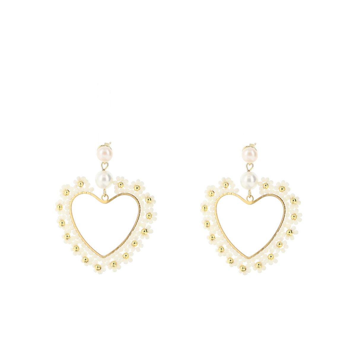 Angela D’Arcy Pearl Love Heart Earrings, Gold