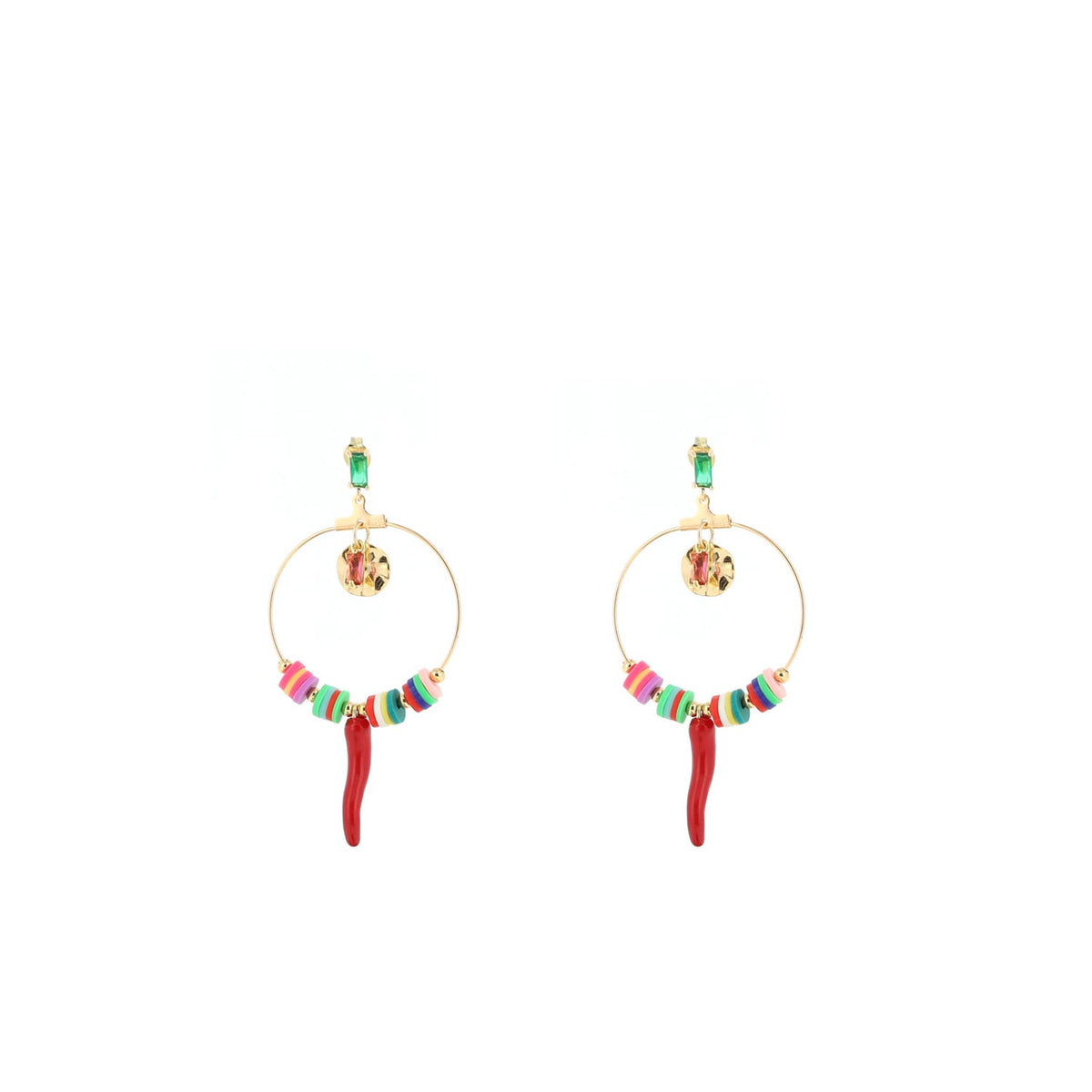 Angela D’Arcy Red Rainbow Hoop Drop Earrings, Gold
