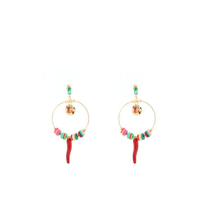 Angela D’Arcy Red Rainbow Hoop Drop Earrings, Gold