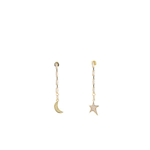 Angela D’Arcy Moon & Star Mismatch Drop Earrings, Gold