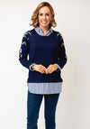 Anonymous Embroidered Flower Detail Jumper With Built in Shirt, Navy