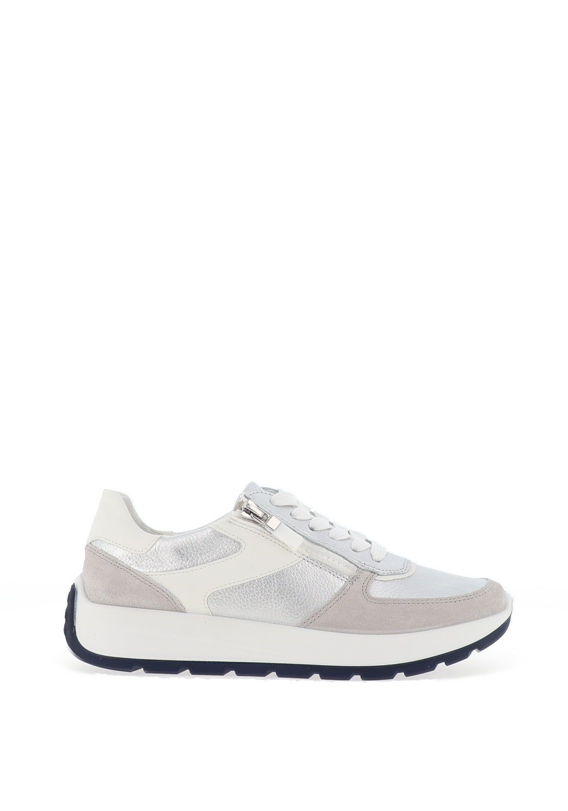 Ara Pebble Wide Fit Metallic Leather Side Zip Trainers, Silver & White
