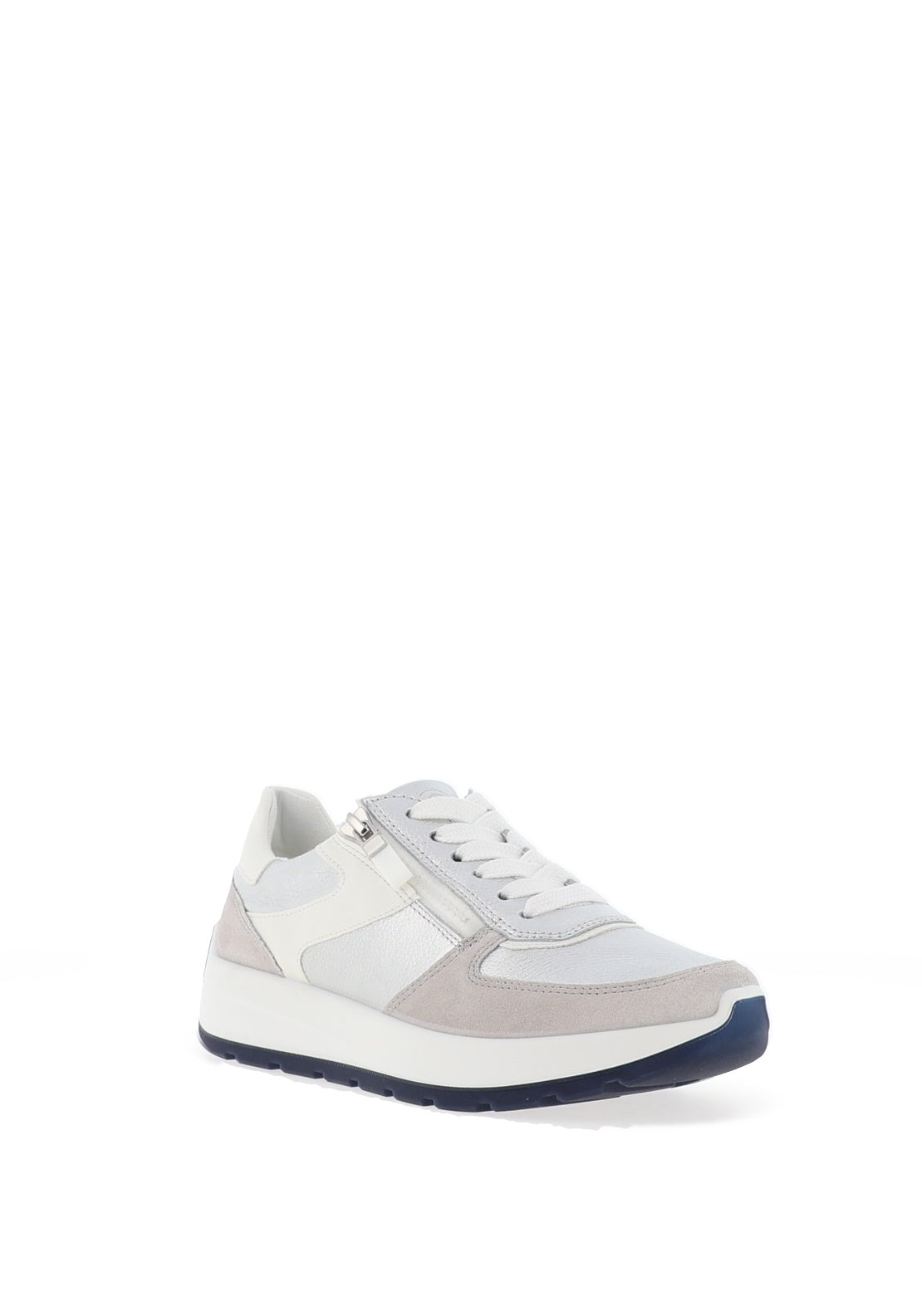 Ara Pebble Wide Fit Metallic Leather Side Zip Trainers, Silver & White