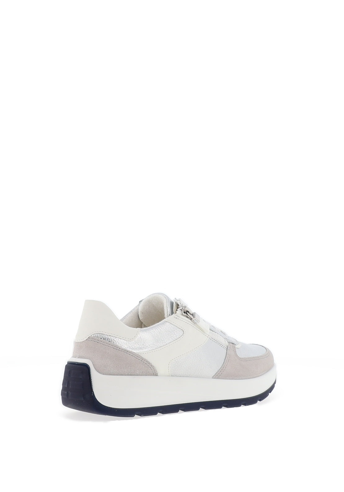 Ara Pebble Wide Fit Metallic Leather Side Zip Trainers, Silver & White