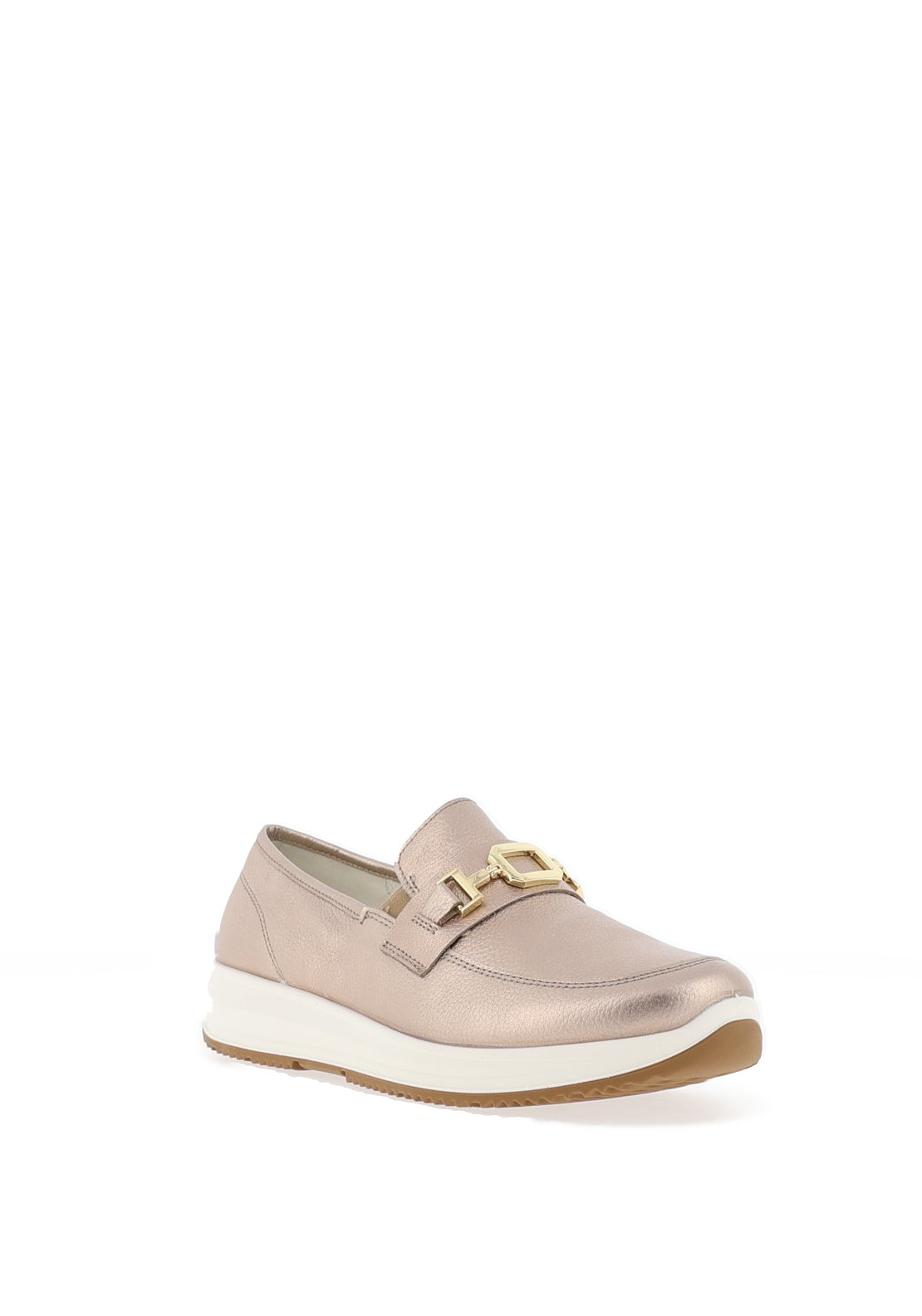Ara Pebble Wide Fit Metallic Leather Slip On Loafers, Sand