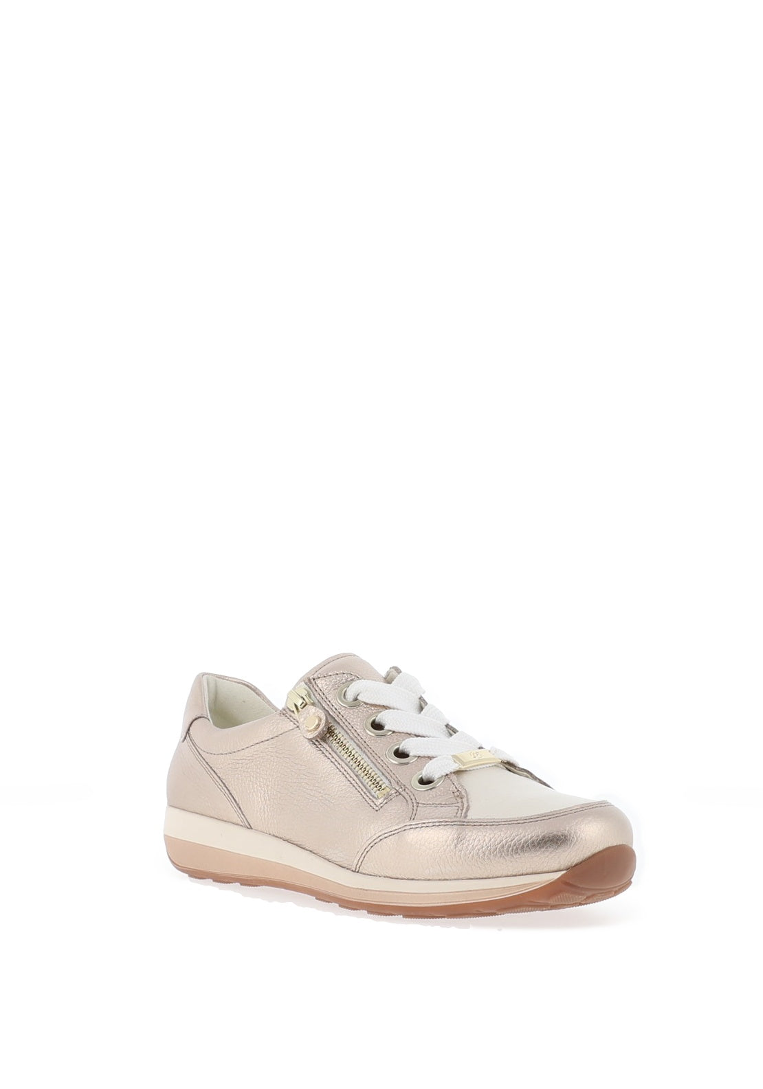 Ara Pebble Wide Fit Leather Side Zip Trainers, Sand