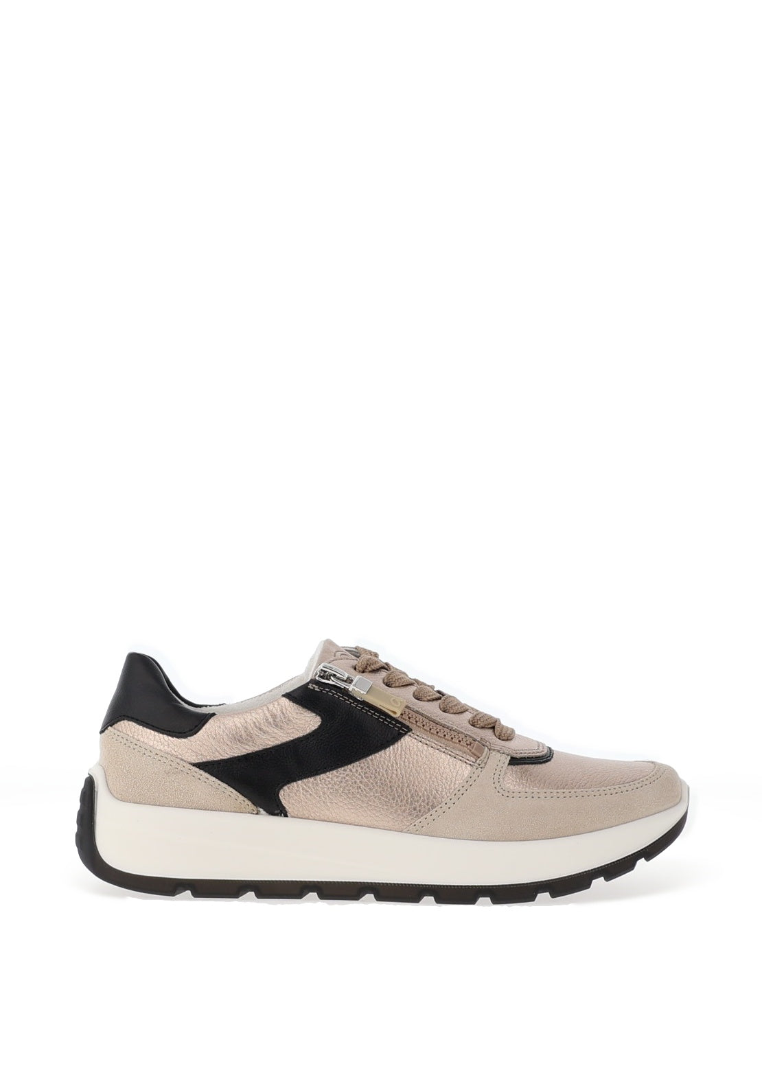 Ara Pebble Wide Fit Metallic Leather Side Zip Trainers, Sand Shell