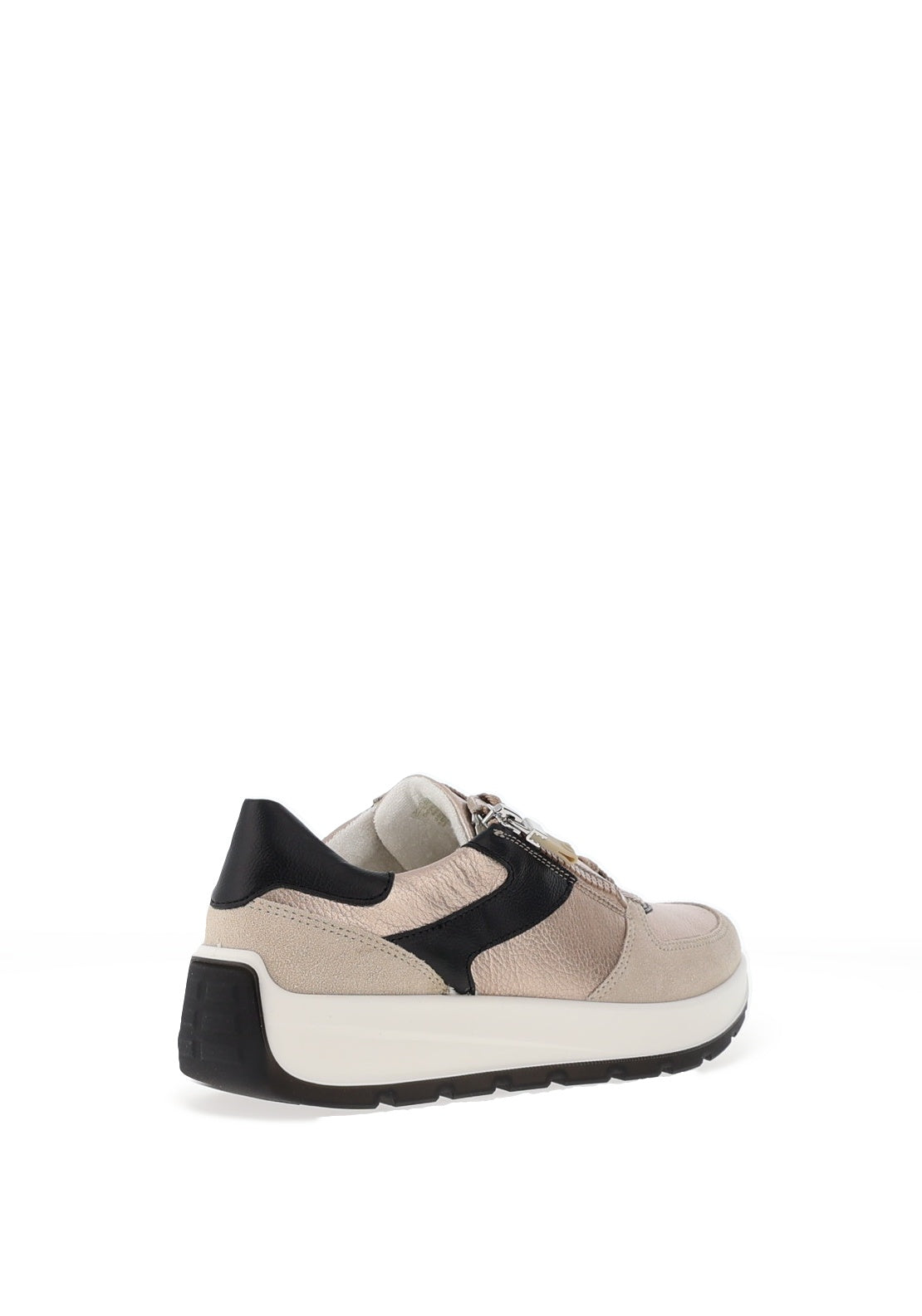 Ara Pebble Wide Fit Metallic Leather Side Zip Trainers, Sand Shell