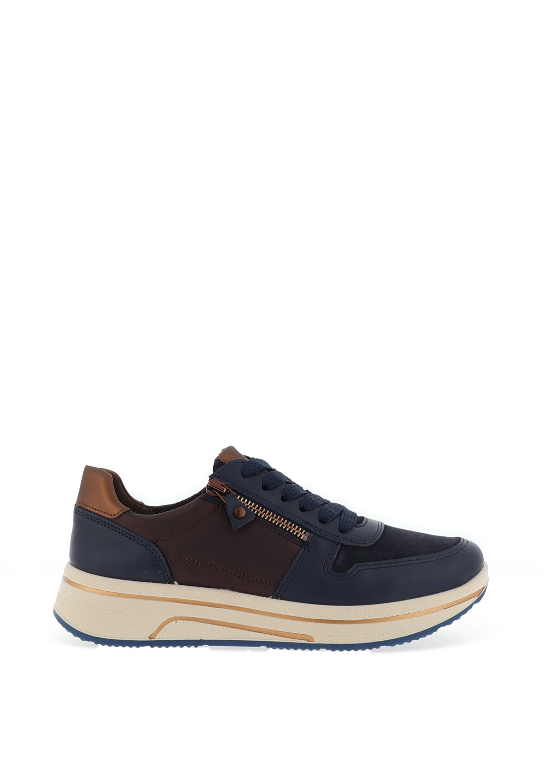 Ara Wide Fit Leather Side Zip Platform Trainers, Navy and Bronze