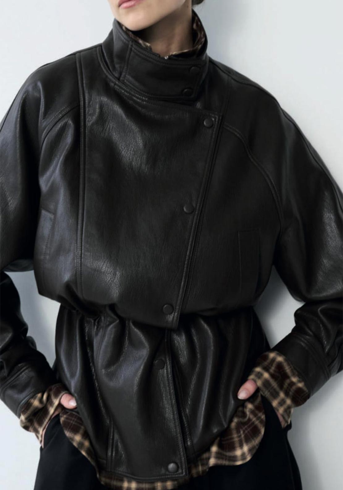Grace & Mila Funnel Neck Faux Leather Jacket, Black