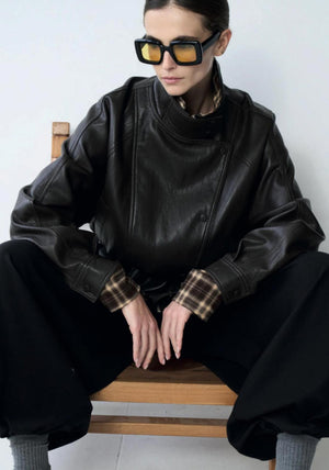 Grace & Mila Funnel Neck Faux Leather Jacket, Black