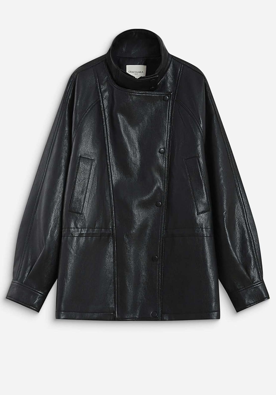 Grace & Mila Funnel Neck Faux Leather Jacket, Black