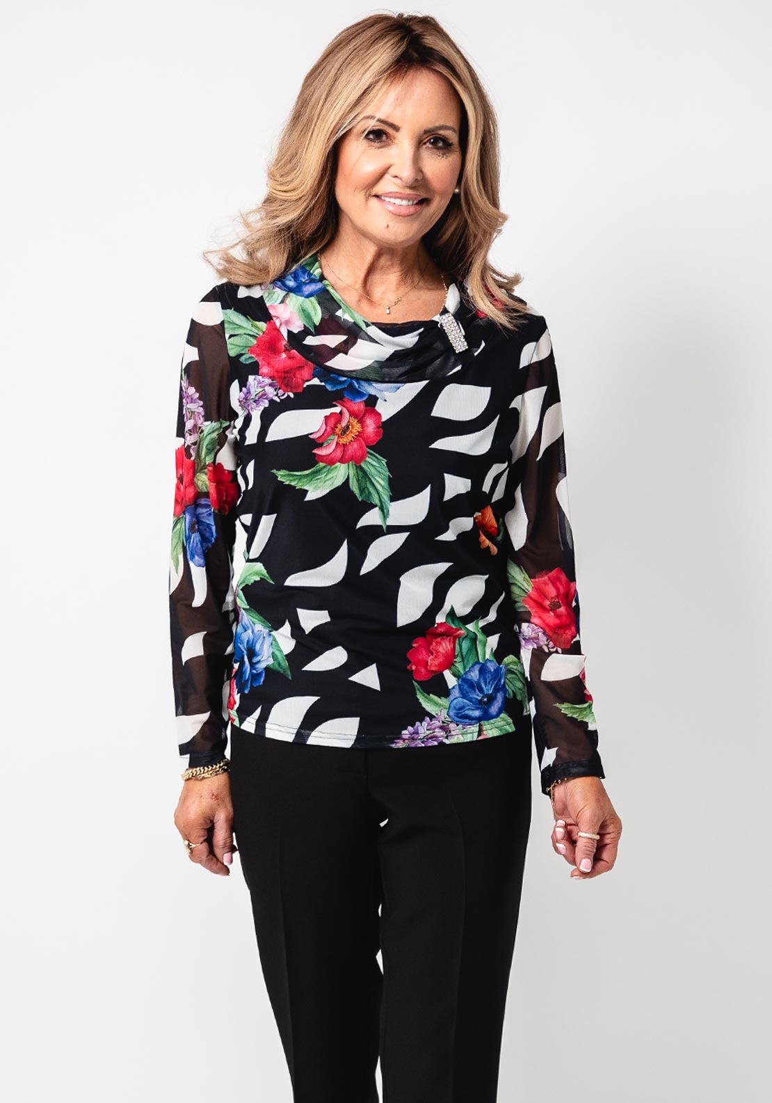 Avalon Abstract Floral Print Top, Black Multi