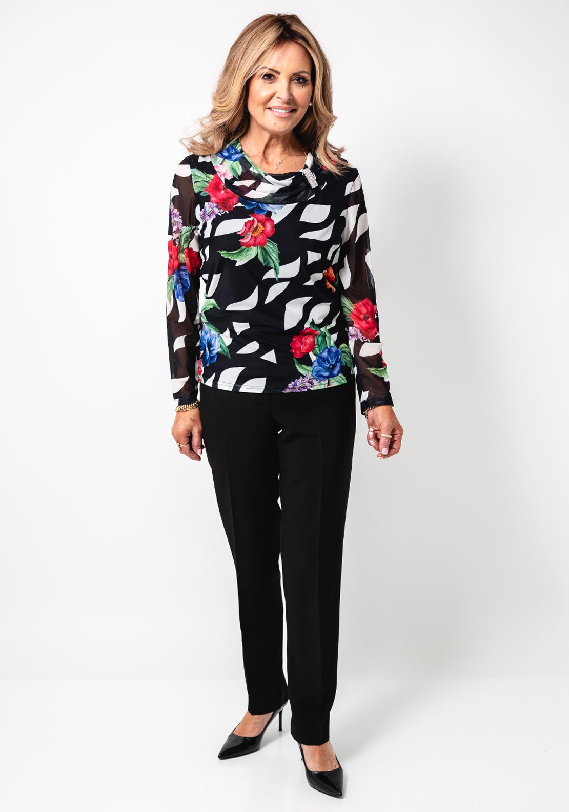 Avalon Abstract Floral Print Top, Black Multi