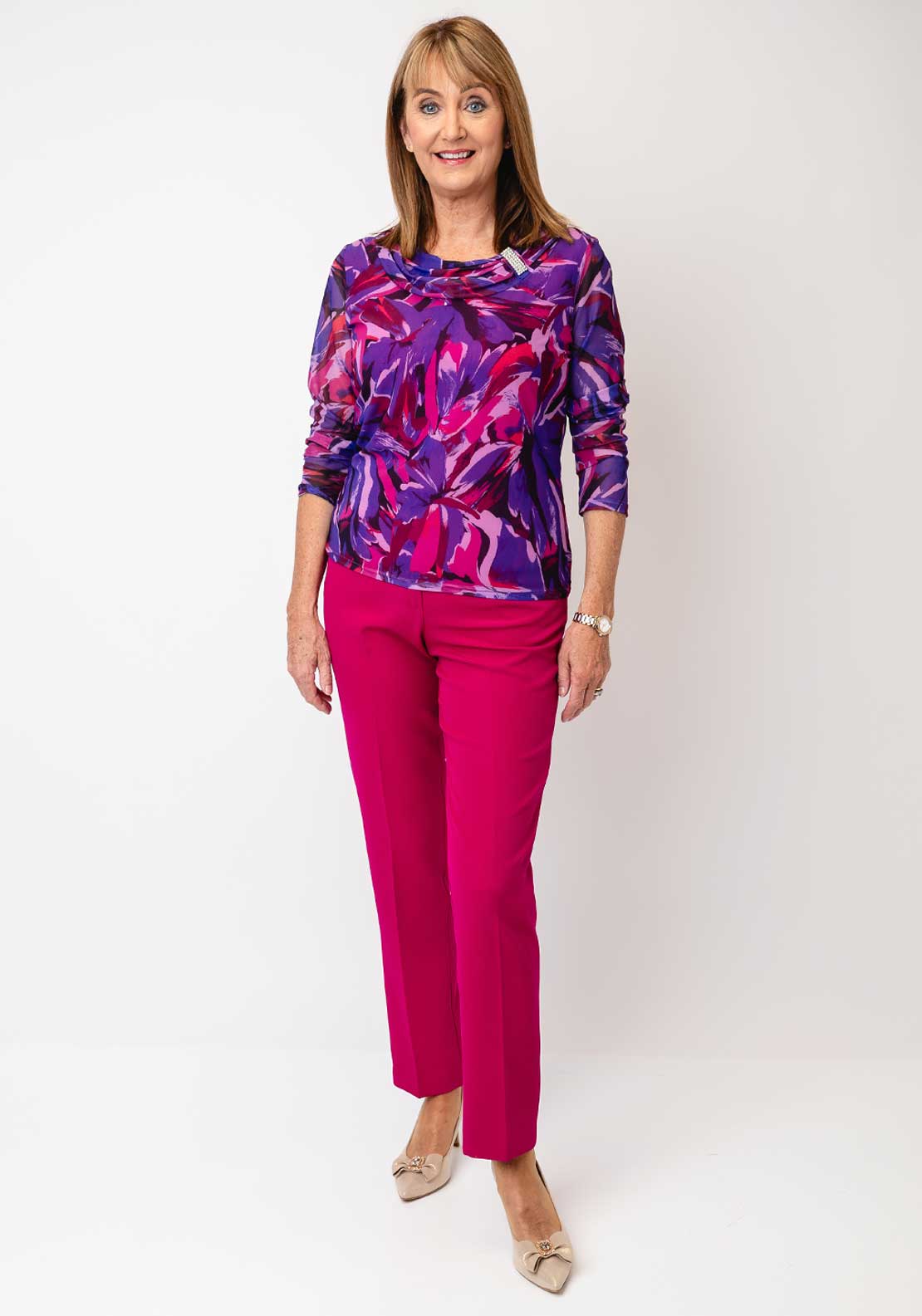 Avalon Abstract Print Mesh Ruched Collar Top, Purple