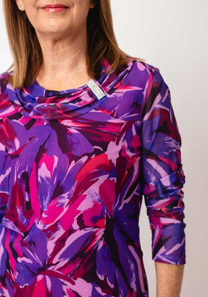 Avalon Abstract Print Mesh Ruched Collar Top, Purple
