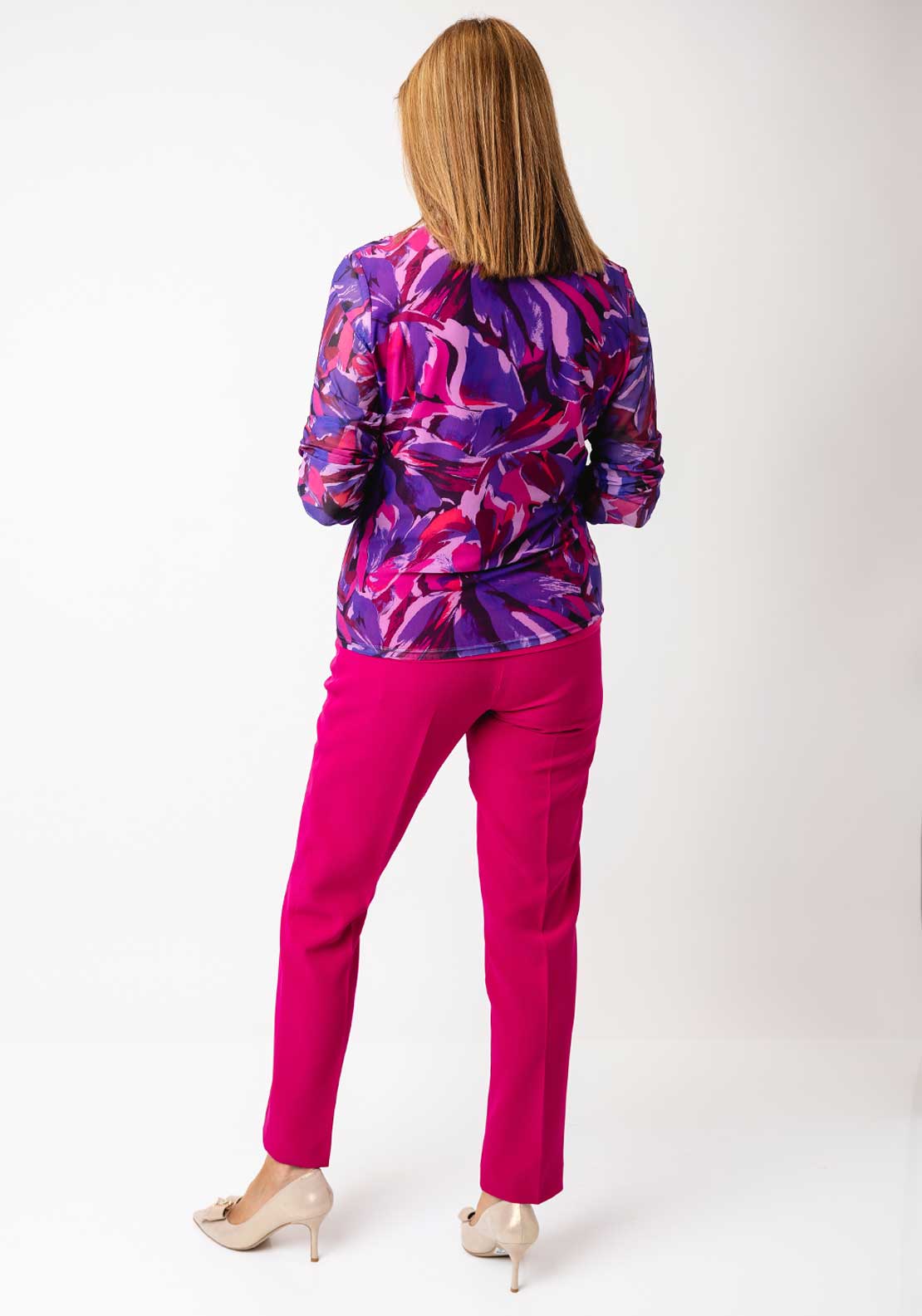 Avalon Abstract Print Mesh Ruched Collar Top, Purple
