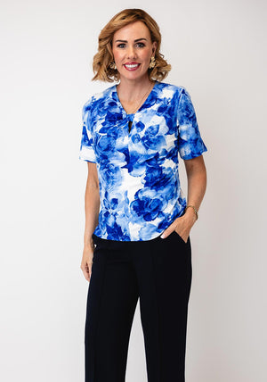 Via Veneto Sandy Floral V Neck Top, Blue