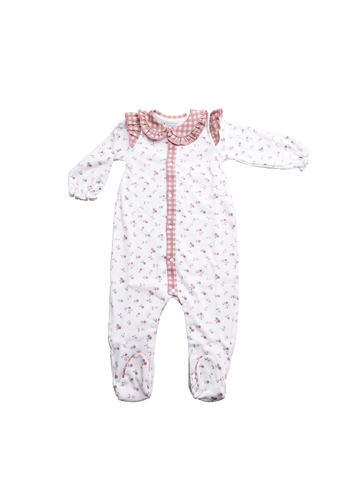 Babidu Floral Gingham Frill Sleepsuit, Pink