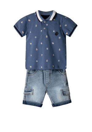 Hashtag Baby Boy Polo and Denim Cargo Short Set, Blue