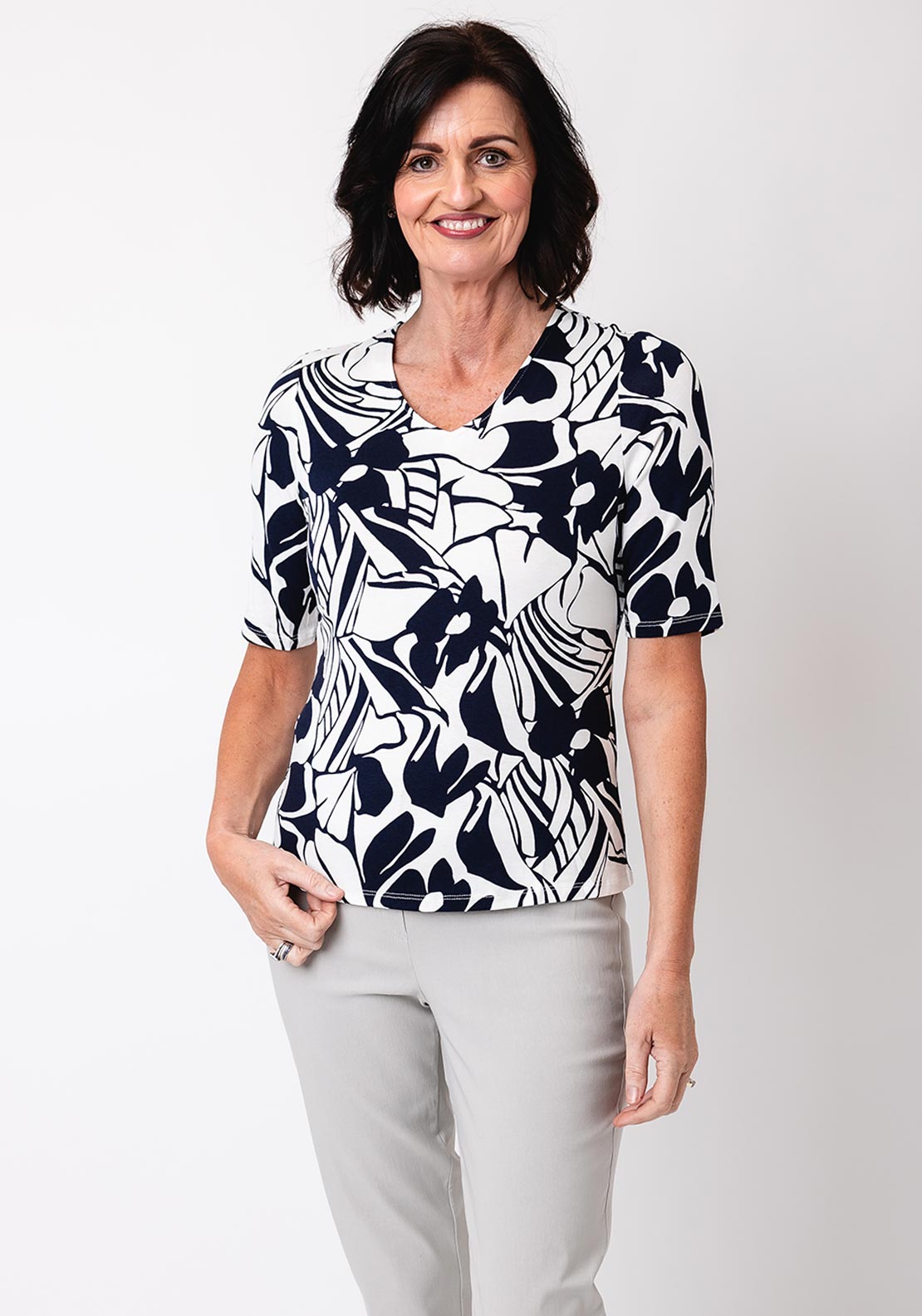 Barbara Lebek Floral Print T Shirt, Navy and White