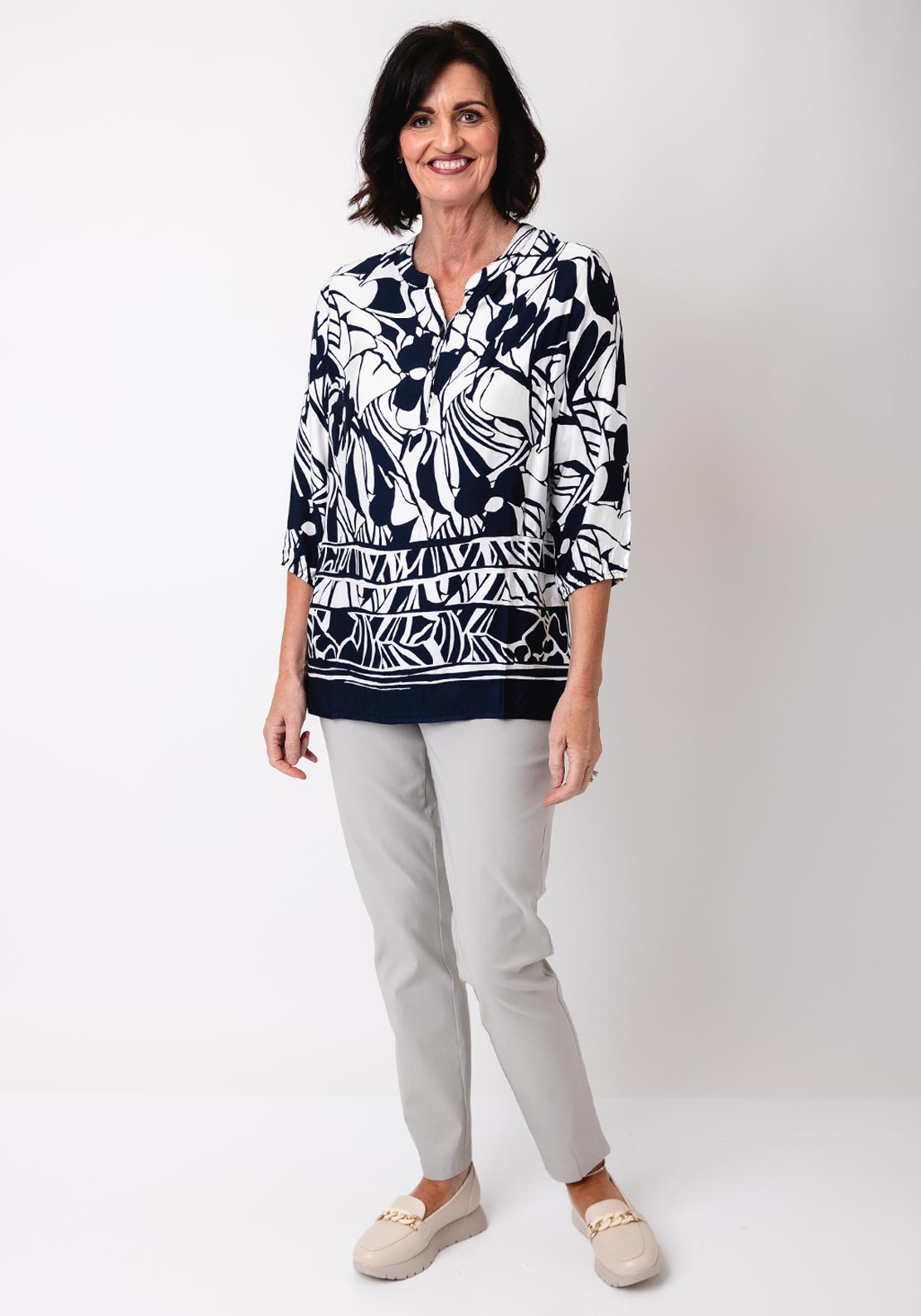 Barbara Lebek Floral Print Tunic Top, Navy and White