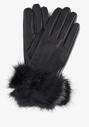 Barbour Leather with Faux Fur Trim Gloves, Black