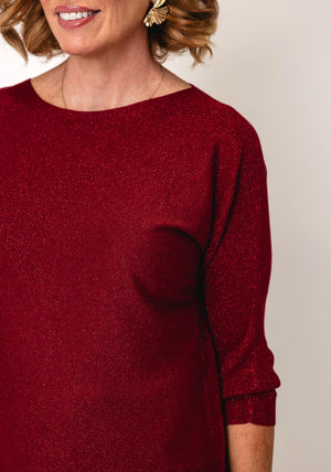 Bianca Lurex Batwing Sleeve Knit Sweater, Dark Red