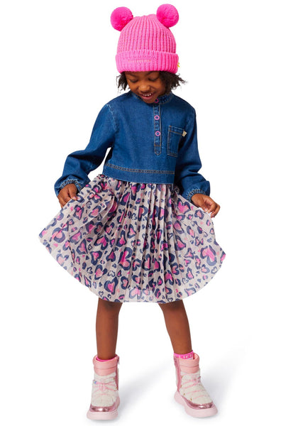 Billieblush Girls Denim and Tulle Long Sleeve Dress, Blue