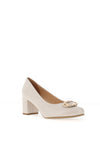 Bioeco by Arka Wide Fit Leather Brooch Detail Heeled Pumps, Pearl White