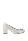Bioeco by Arka Wide Fit Shimmering Leather Brooch Detail Heeled Pumps, Silver