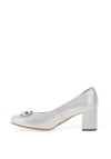Bioeco by Arka Wide Fit Shimmering Leather Brooch Detail Heeled Pumps, Silver