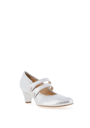 Bioeco by Arka Wide Fit Leather Double Strap Heeled Shoe, Silver