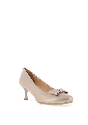 Bioeco by Arka Metallic Smooth Leather Bow Heeled Shoes, Gold