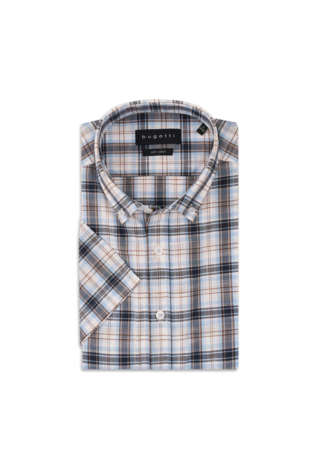 Bugatti Multi Check Short Sleeve Shirt, Blue & Beige Multi