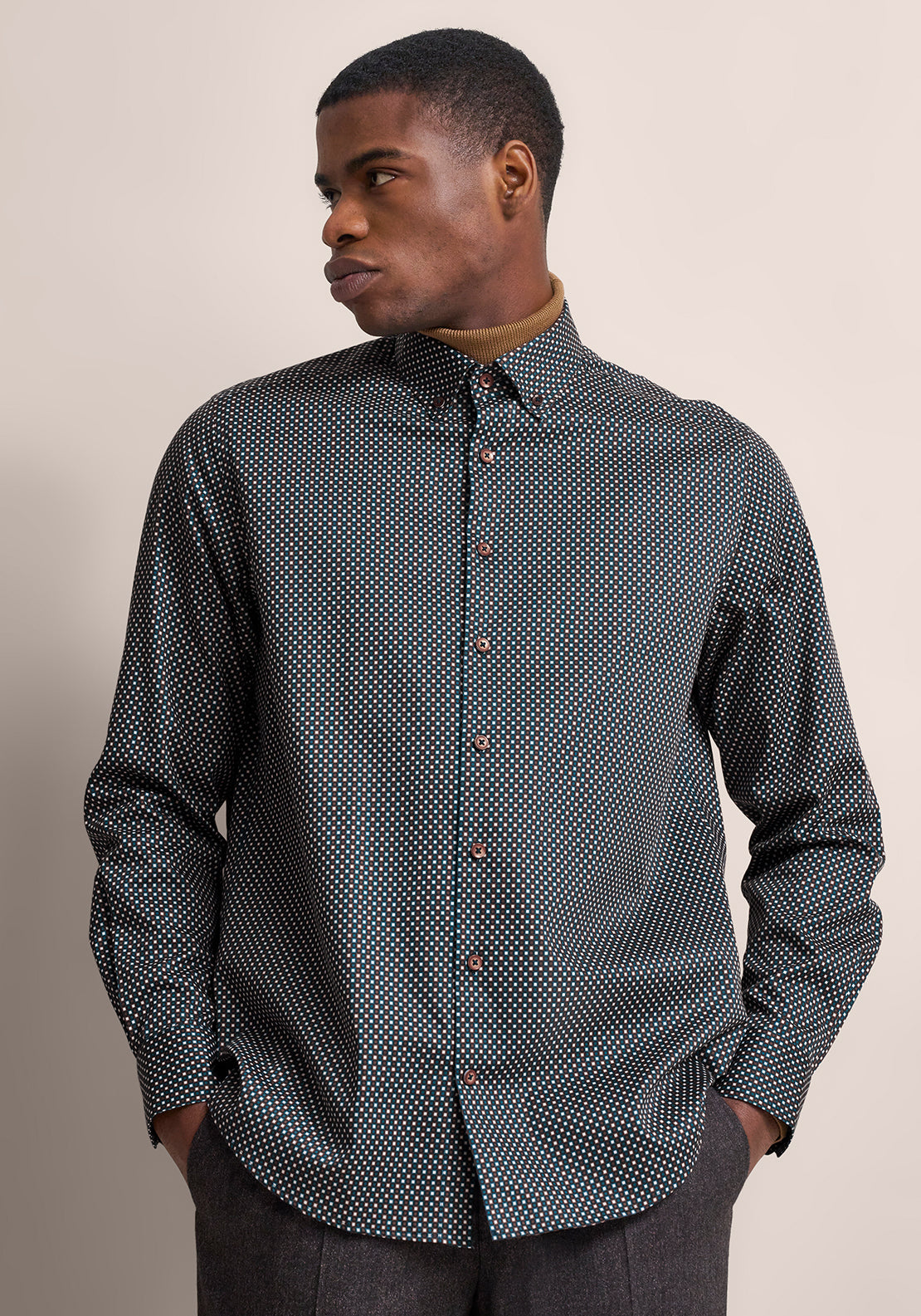Bugatti Squares Geo Print Shirt, Brown & Blue
