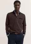 Bugatti Long Sleeve Micro Print Polo Shirt, Navy & Brown