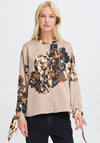 B.Young Jannike Floral Satin Bow Sleeve Shirt, Beige