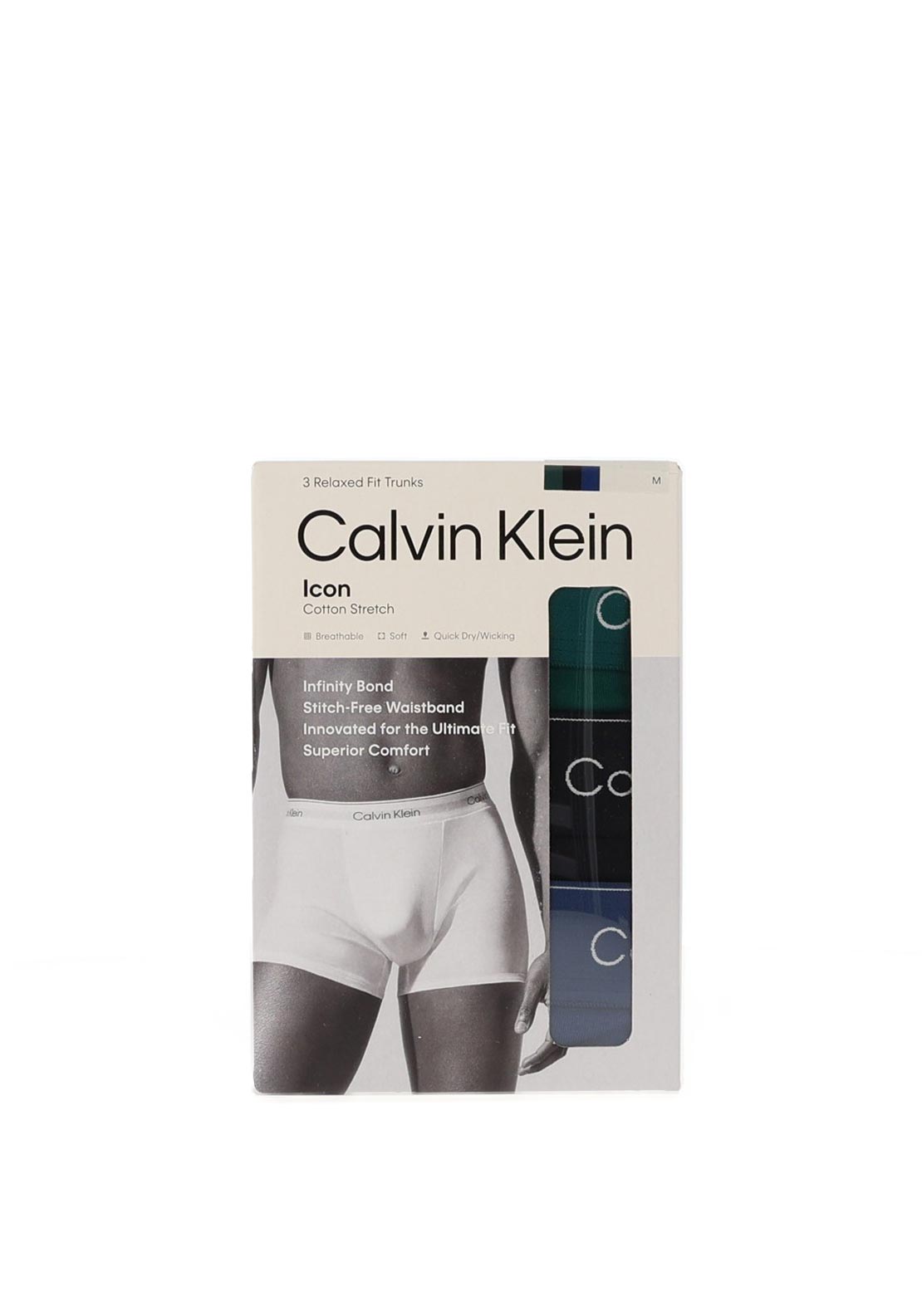 Calvin Klein 3 Pack Icon Cotton Stretch Relaxed Fit Trunks, Teal Multi