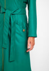 Camelot Faux Leather, Belted Waist Midi Dress, Green