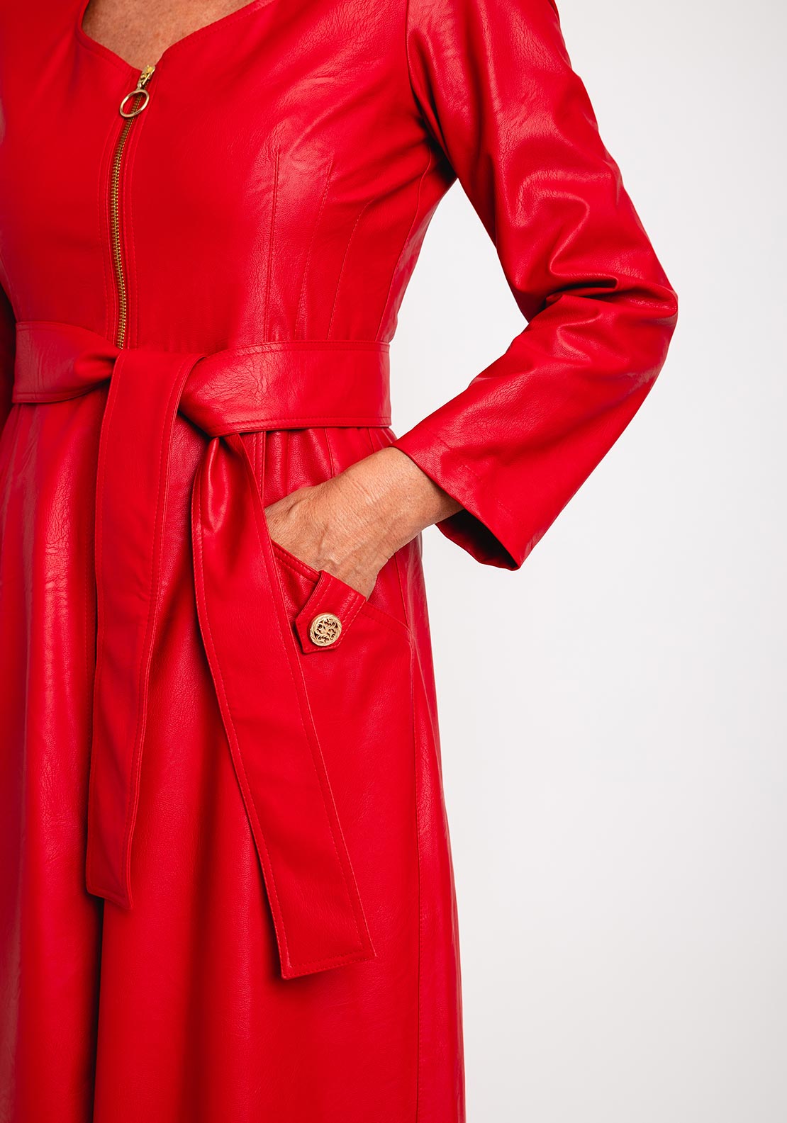 Camelot Faux Leather, Belted Waist Midi Dress, Red - McElhinneys Camelot Faux Leather, Belted Waist Midi Dress, Red - McElhinneys