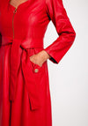 Camelot Faux Leather, Belted Waist Midi Dress, Red