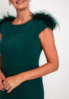 Camelot Feather Trim Shoulder Knee Length Dress, Emerald Green